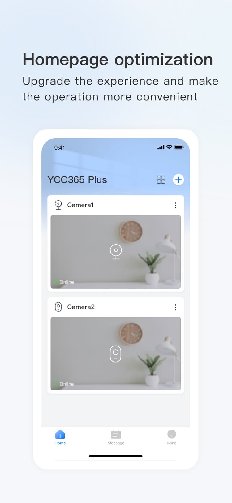 YCC365 Plus camera list and homepage
